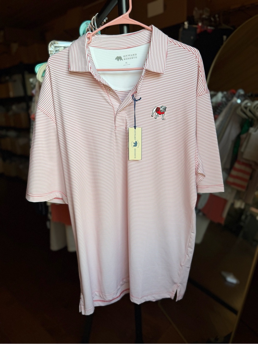 NWT Onward Reserve UGA Standing Bulldog Hairline Stripe Performance Polo - Picture 2 of 5